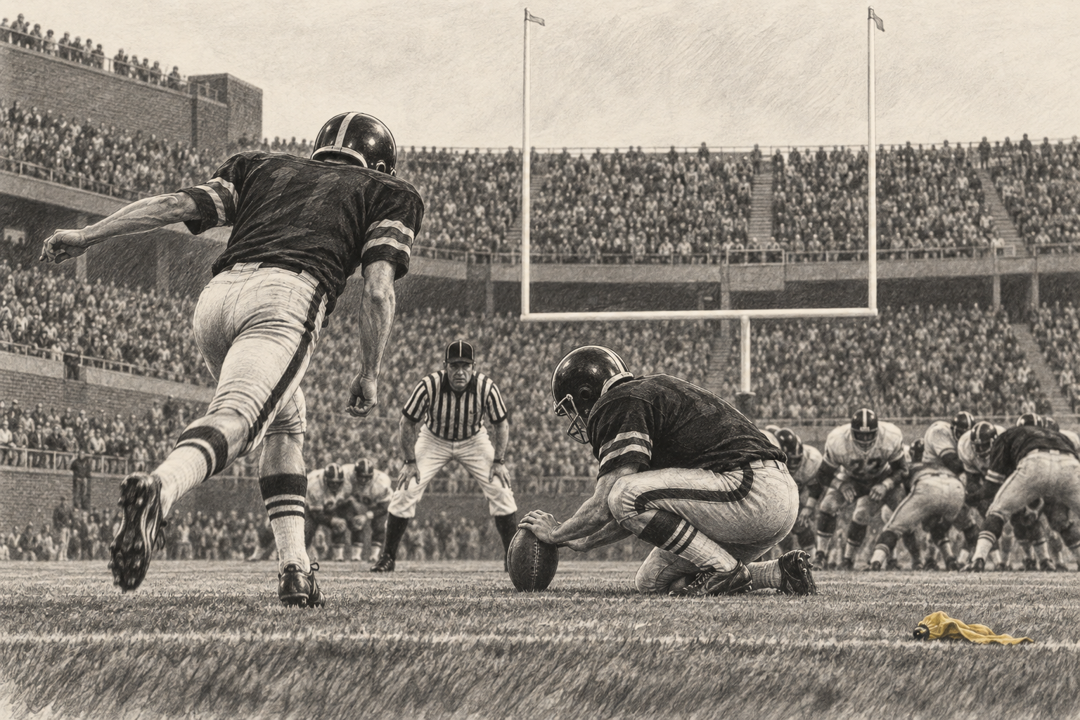 Original charcoal illustration of a Penn field-goal attempt and penalty flag at Franklin Field; interpretive scene, not a depiction of an exact play.