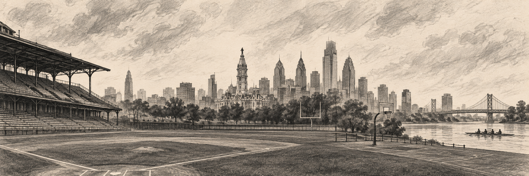 Original charcoal illustration evoking Philadelphia sporting heritage