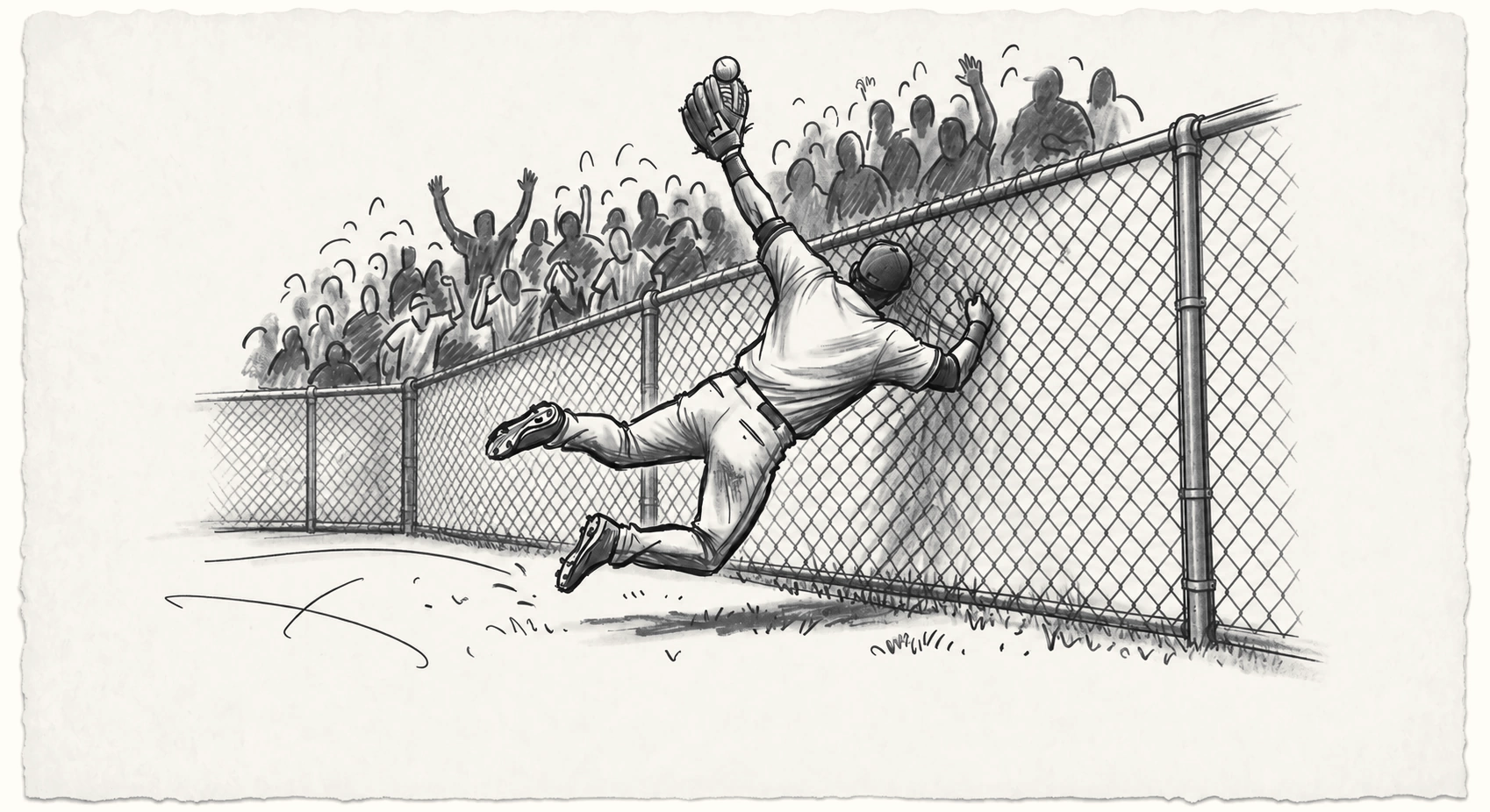 Original editorial illustration evoking Aaron Rowand’s catch and collision with an unpadded fence; interpretive, not historical documentation.