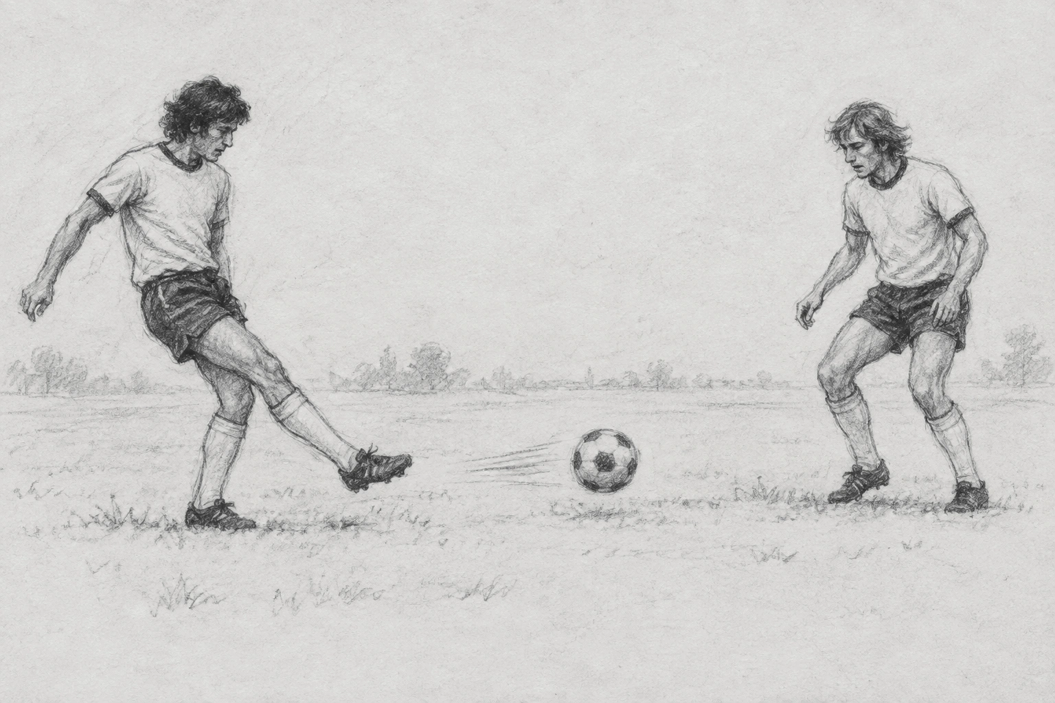 Original loose charcoal editorial illustration of two 1973-era Philadelphia Atoms teammates exchanging a pass; interpretive underdrawing, not a documented match scene.