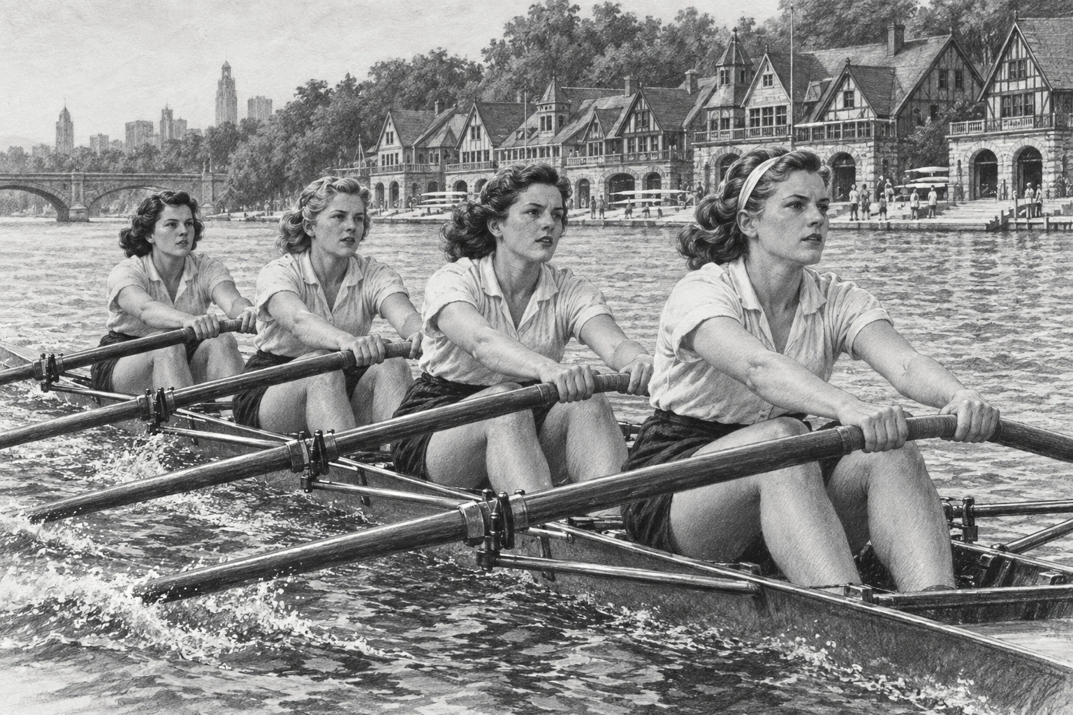 Original charcoal illustration evoking women rowers on the Schuylkill beside Boathouse Row; interpretive historical scene.