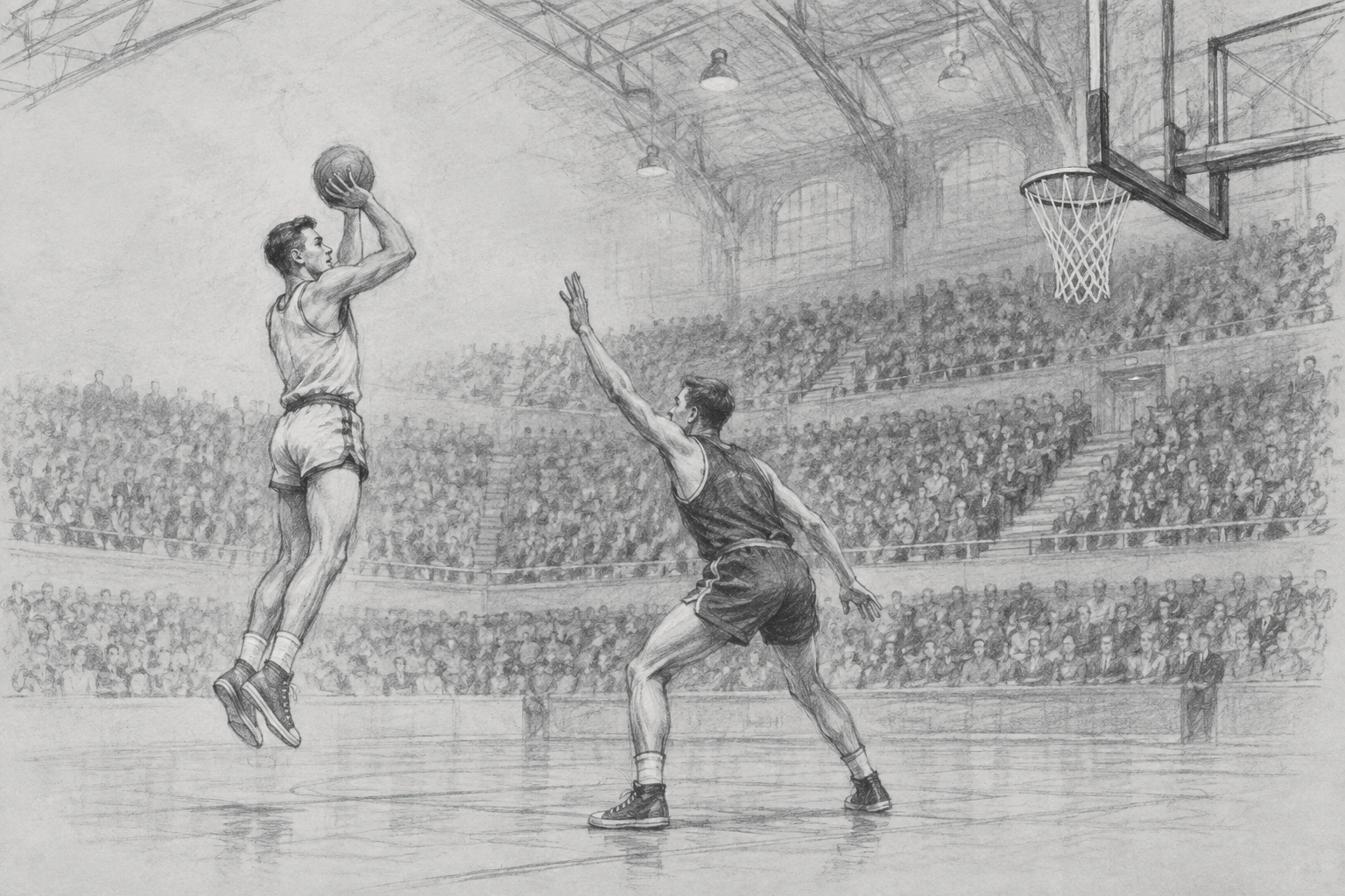 Original charcoal editorial illustration evoking a mid-century college basketball game at the Palestra; interpretive scene, not a documented play.