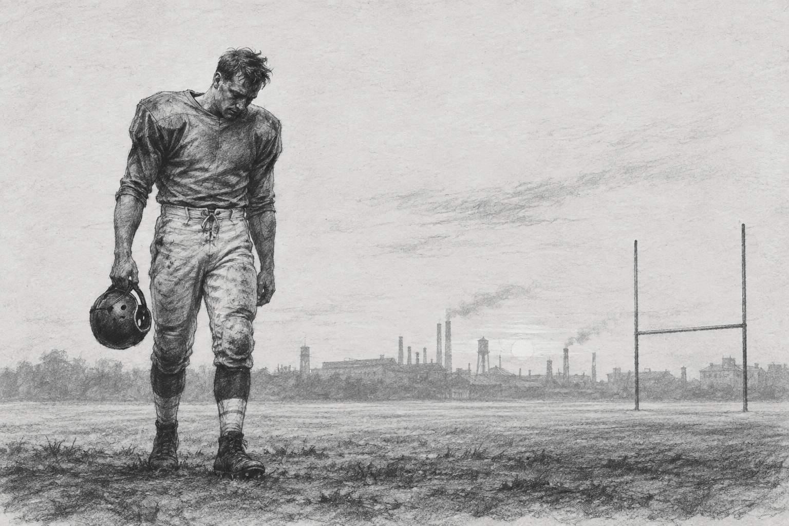 Original charcoal editorial illustration of a wartime football player carrying his helmet before an industrial skyline; interpretive scene, not a documented Steagles moment.
