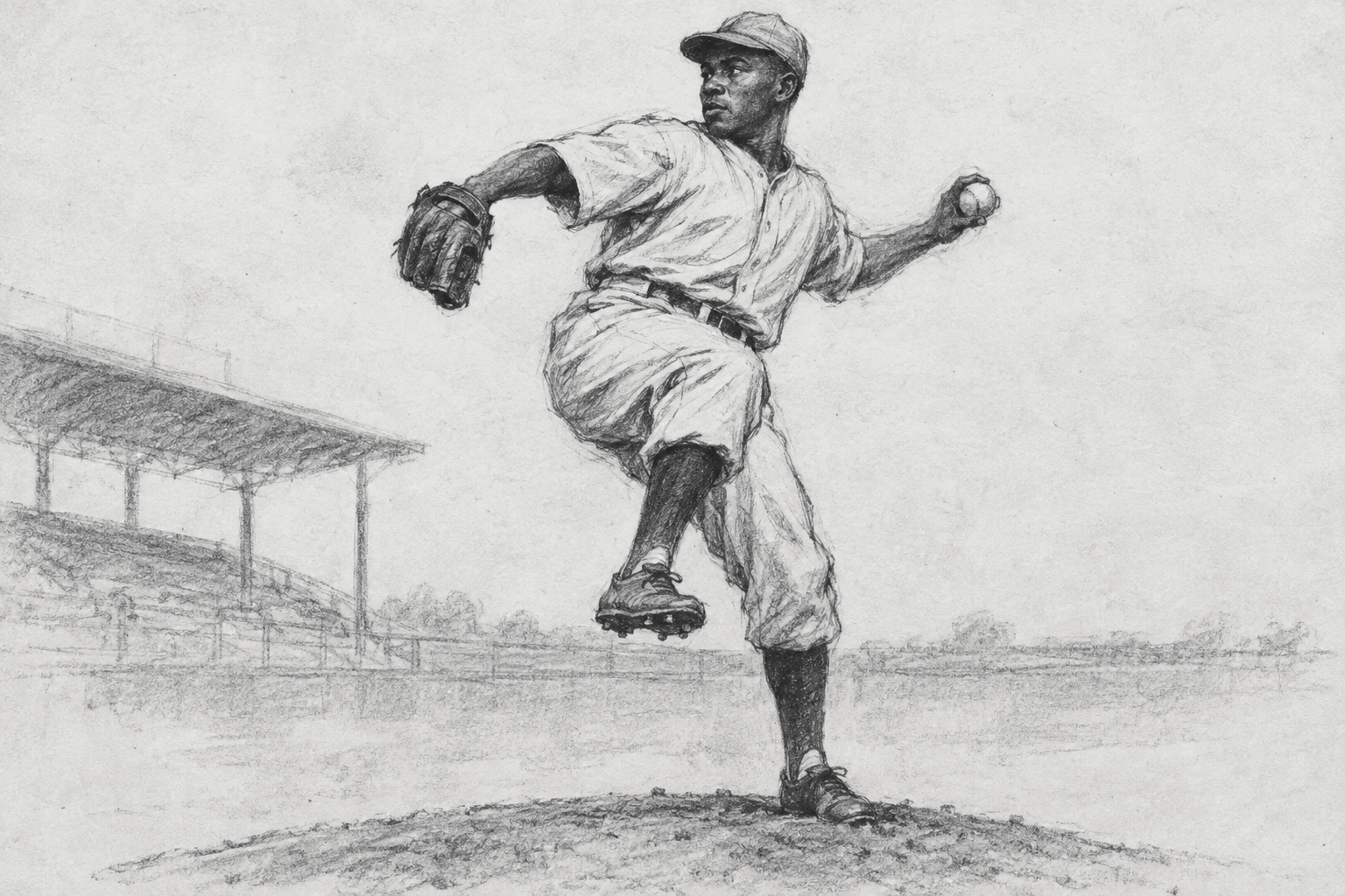 Original charcoal editorial illustration evoking a left-handed Philadelphia Stars pitcher in the 1930s; an interpretive study, not a documented play or an identified portrait.