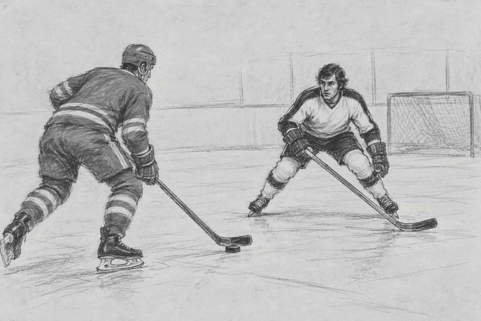 Original charcoal editorial illustration evoking the Flyers’ disciplined defense against the Soviet Red Army team; interpretive action, not a documented play.