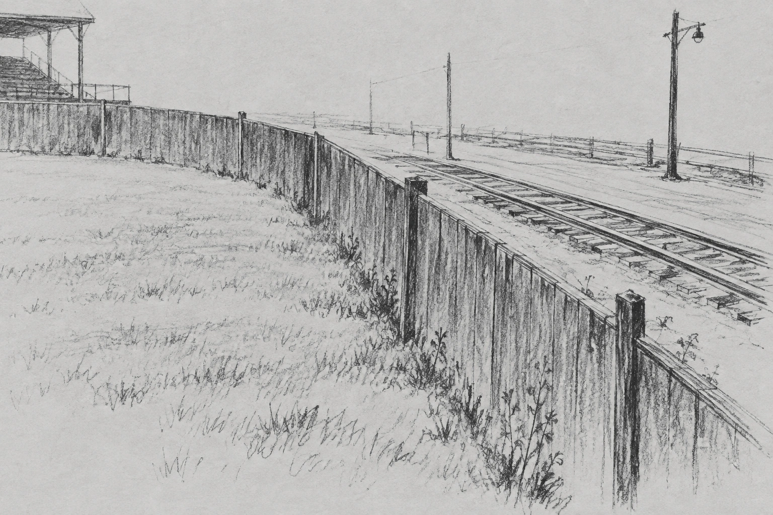 Original charcoal editorial illustration evoking Baker Bowl’s diagonal boundary beside Philadelphia rail infrastructure; interpretive study, not an exact park reconstruction.